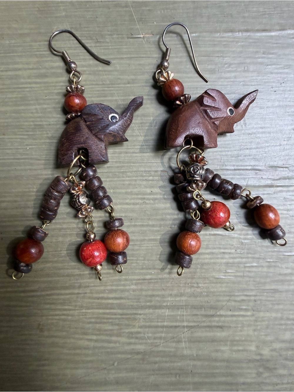 Vintage Handcrafted Brown Wooden Elephant Dangle Earrings